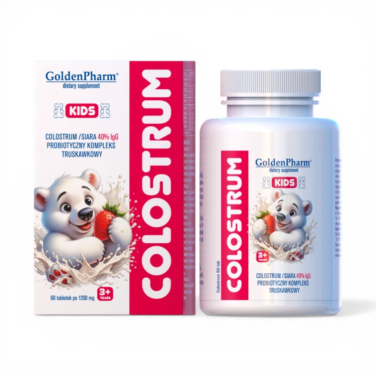 Colostrum Kids Dla Dzieci Truskawkowe Cukierki Siara 40%IGG Probiotyk 60szt.png