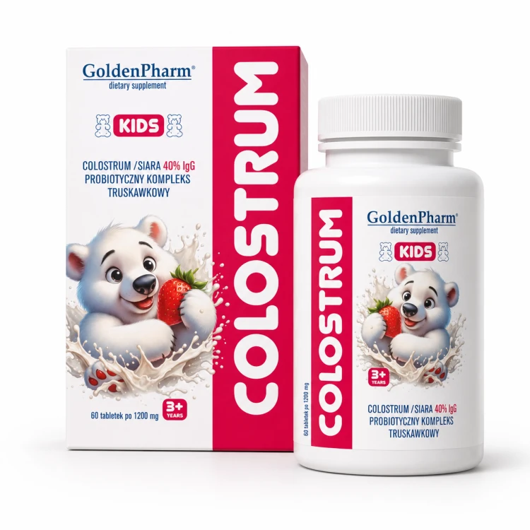Colostrum Kids Dla Dzieci Truskawkowe Cukierki Siara 40%IGG Probiotyk 60szt