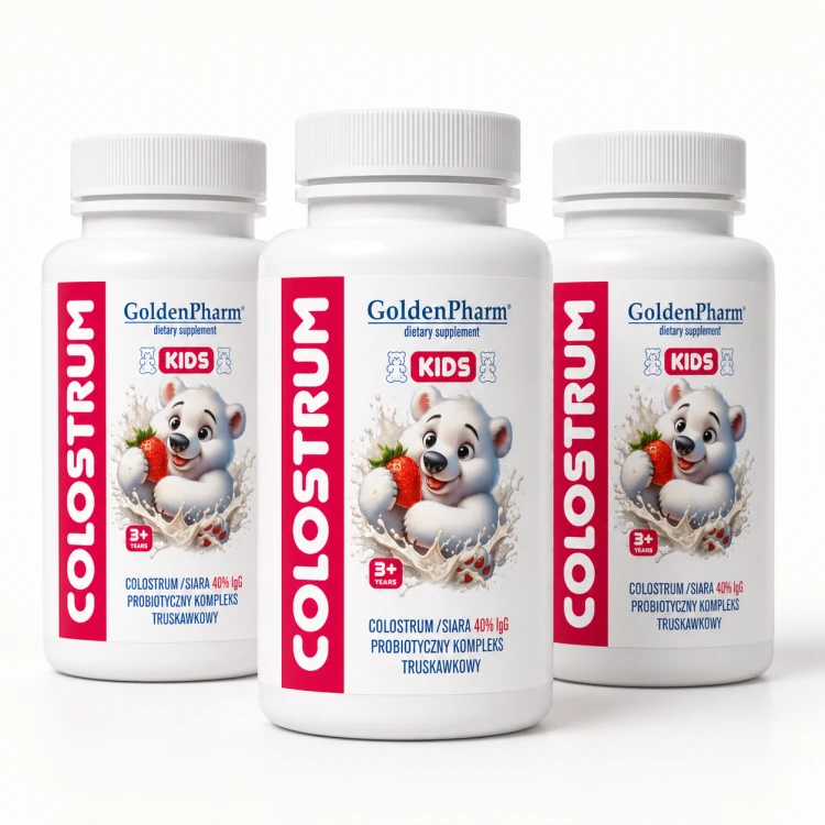 Colostrum Kids Dla Dzieci Truskawkowe Cukierki Siara 40%IGG Probiotyk 60szt trzy sztuki